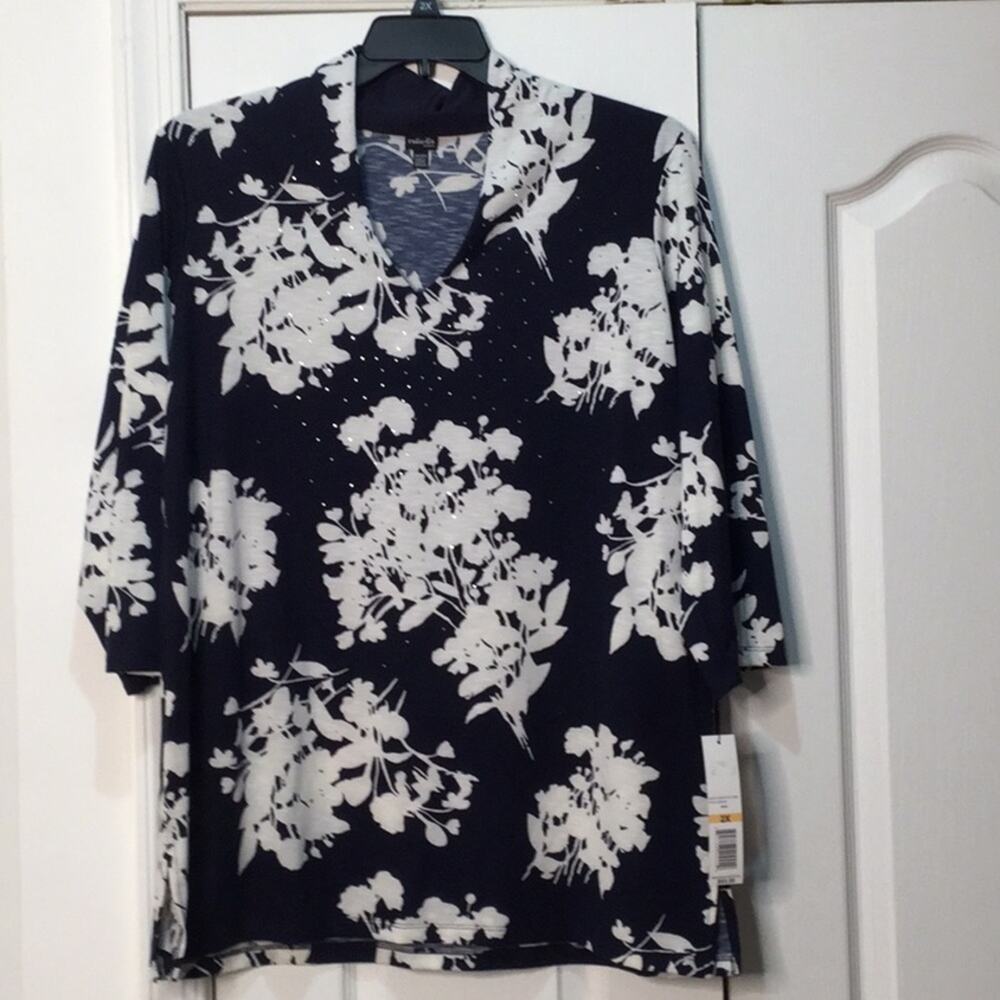 Rafaella 2x navy white bling tunic floral NWT